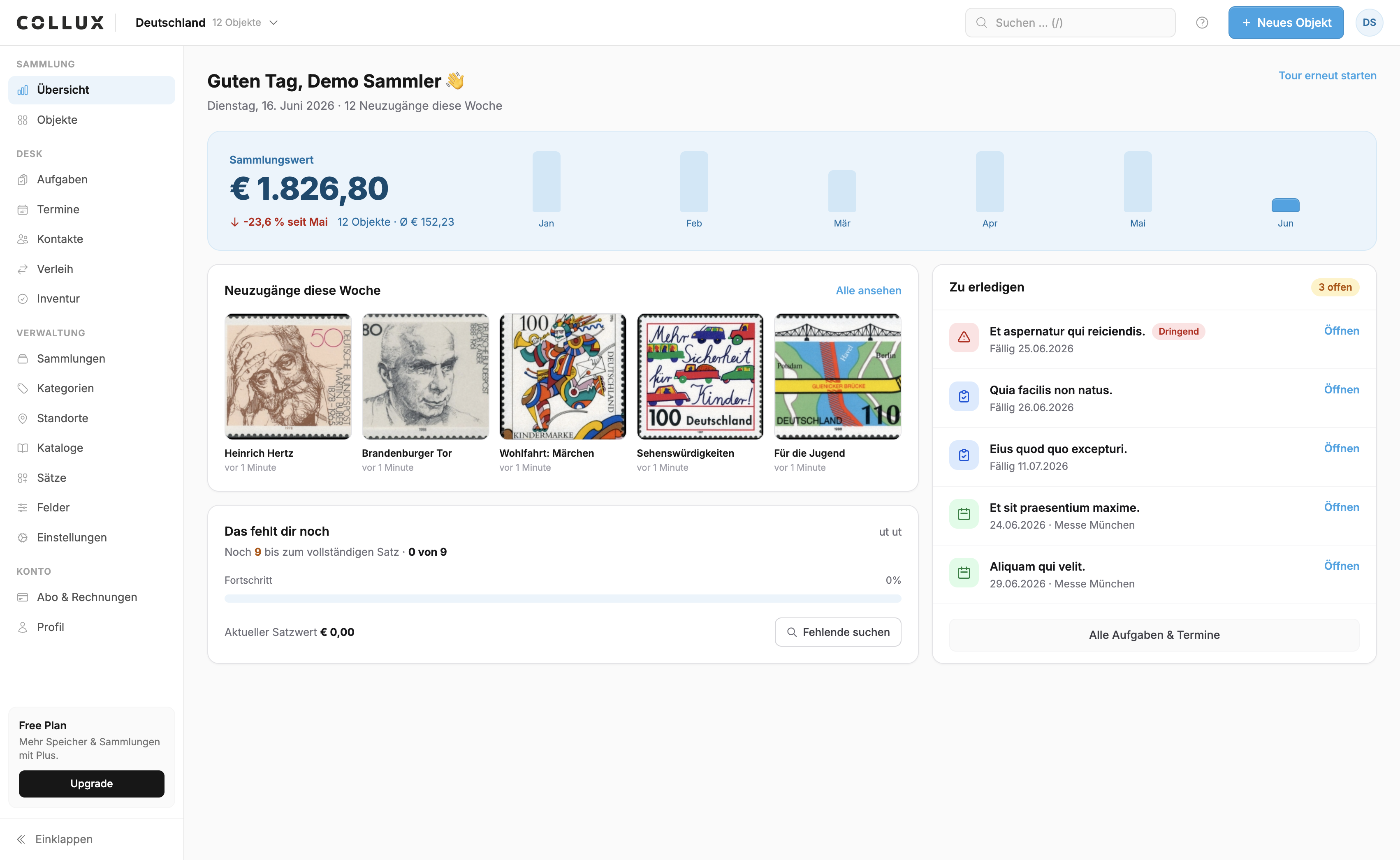 Dashboard mit Sammlungswert und Chart